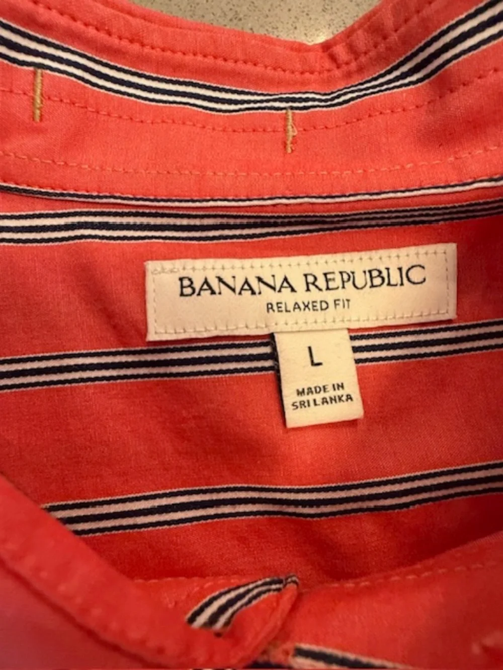 Banana Republic Men Large Relaxed-Fit Cotton poplin Orange Stripe Shirt EUC